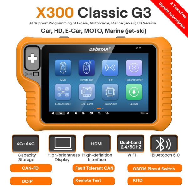 OBDSTAR X300 Classic G3 (KEY MASTER G3) Key Programmer with MP001 and Motorcycle Cable Set