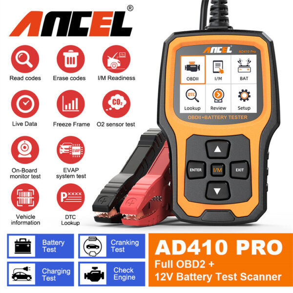 ANCEL AD410 PRO OBD2 Scanner 6V 12V Car Battery Tester